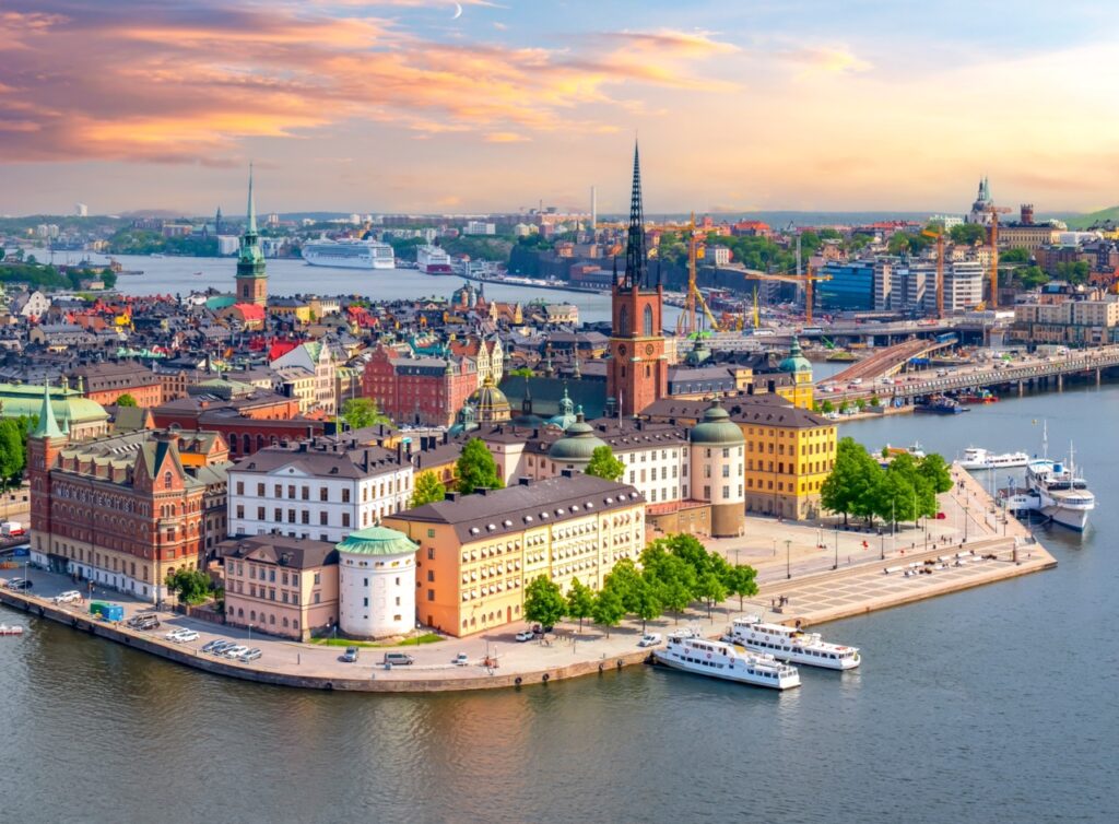 Aerial view of Stockholm, highlighting business growth and investment opportunities in Sweden, supported by tailored financing solutions.