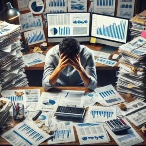 A stressed entrepreneur at a cluttered desk filled with documents and financial reports, representing the operational burden on founders managing cash flow and reporting in Sweden and Spain.